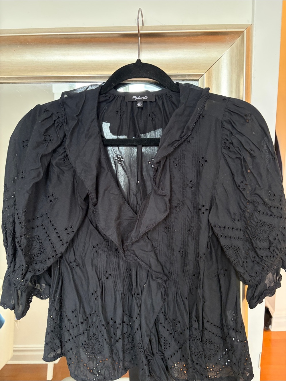 Madewell Black Eyelet Ruffle V-Neck Blouse